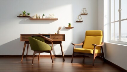 Mid-Century Modern Home Office with Vintage Wooden Furniture and Natural Light