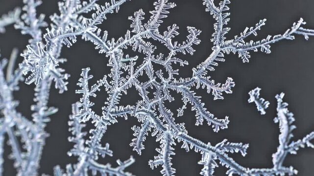 Microscopic view of dendritic crystallization creating a captivating fractal pattern. Resembling snowflakes or frost. Against a dark background. Showcasing the intricate beauty of chemical processes