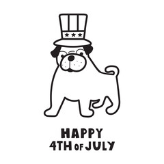 Happy 4th of July. Dog wearing Uncle Sam hat. Independence day. Vector outline illustration.