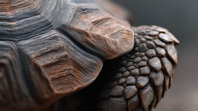 Close-up texture of a turtle shell and roughened skin patterns highlight the intricate design and rugged beauty of a tortoise.