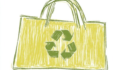 Recyclable Shopping Bag Design, Yellow Tote with Green Triangle Symbol, Hand-drawn Sketch Style, Sustainable Material Concept, Eco-friendly Lifestyle Infographic
