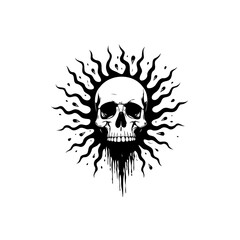 Monochromatic skull with radiating flares symbolising mortality and ephemerality