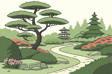 Fototapeta premium 169 ornamental garden, lush greenery, topiary shapes, winding path, decorative rocks, vibrant flowers, peaceful landscape, tranquil atmosphere, natural setting, well-maintained grounds, serene outdoor