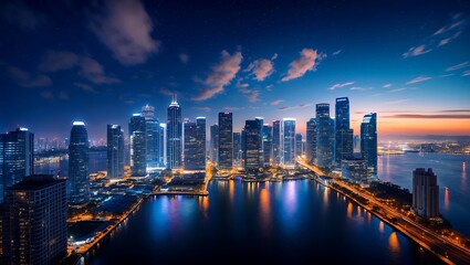 Fototapeta premium Stunning nighttime skyline of business bay and downtown