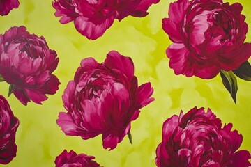 Vibrant magenta peony blossoms on a lime green backdrop.