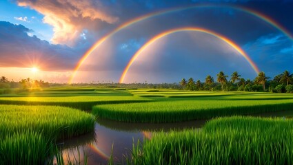 Naklejka premium Stunning summer meadow with rainbow and dramatic sky