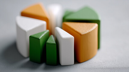 Pie Chart of Progress: A vibrant pie chart composed of precisely arranged wooden blocks, each segment a different color, illustrating data and visualizing business growth.