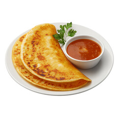 Two crepes with sauce and garnish on a white plate on transparent background