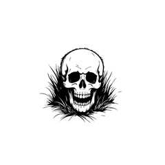 Monochrome depiction of a human skull surrounded by an eerie organic shape