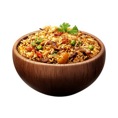 Close up of fried rice in a wooden bowl on black background on transparent background