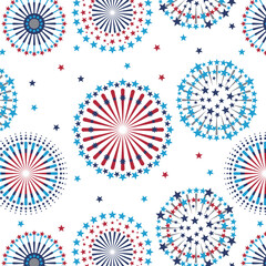 Fototapeta premium Patriotic Fireworks Seamless Pattern. 4th of July, USA Independence day, Americana Backdrop. Vector Template For Fabric, Textile, Wallpaper, Wrapping Paper