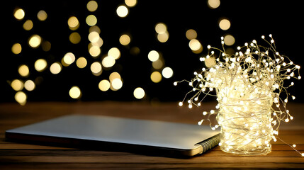 study corner decorated with fairy lights and study planner beside laptop