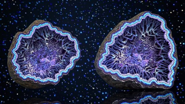 Two polished agate slices with fluorescent purple and blue patterns creating an otherworldly, alien landscape effect against a backdrop of a starry night sky, reflecting their beauty