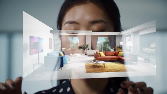 A woman in a polka dot outfit interacts with a virtual interface using gesture controls. The setting is a contemporary office, showcasing cutting-edge technology and user experience.