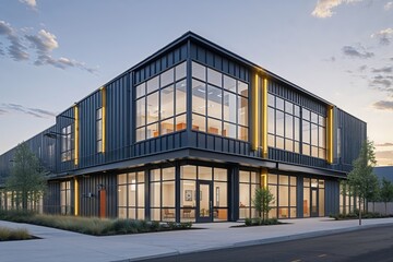 Fototapeta premium Modern Industrial Building Exterior with Efficient Office Area and Urban Aesthetic