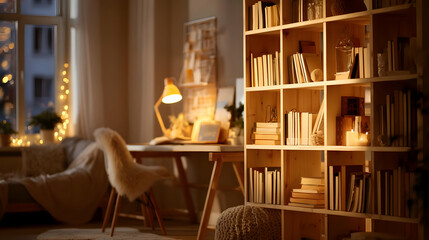setup with bookshelf, whiteboard, and desk lamp illuminating study materials