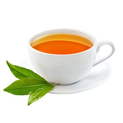 A cup of tea with green leaves on a white saucer on transparent background