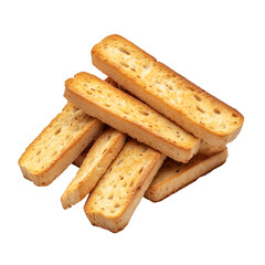 A pile of golden brown bruschetta bread sticks on transparent background