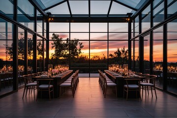 Stylish Modern Venue with Glass Walls and Sunset Lighting for Events and Celebrations