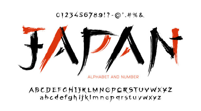 Handwritten Latin Alphabet in Traditional Japanese Ink Style - Brush Font with Calligraphic Letters, Numbers and Symbols.