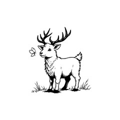 Enchanting encounter: A whimsical fawn with butterfly in monochrome illustration