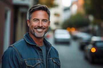 Obraz premium Smiling man in denim jacket outdoors (1)
