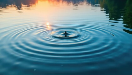 Symmetrical ripples spread from a central point on calm lake water , dawn, background, lake