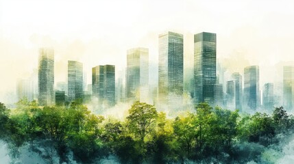 Serene Cityscape Emerging from Lush Greenery Watercolor Painting