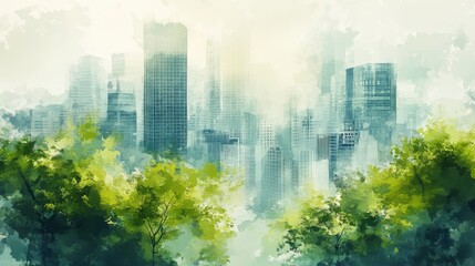 Serene Cityscape Green Trees and Hazy Blue Buildings