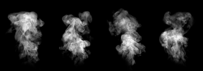 Close-up photo set of abstract white smoke or vapor floating on black background. Fog and cloud...