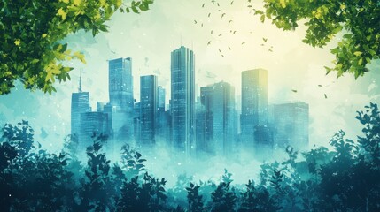 Fototapeta premium Serene Cityscape Through Lush Green Leaves
