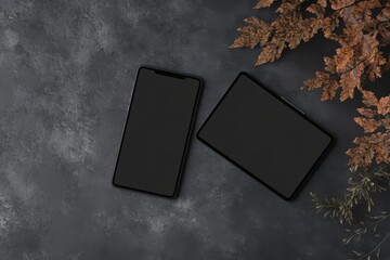 Phone and tablet on a dark background with leaves for product mockups and digital presentations