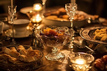 A richly decorated table set with assorted sweet treats and glowing candles.