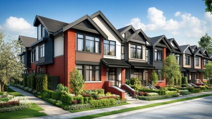Daylight view of newly built townhouses with red brick siding and soft landscaping in front