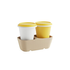 Two cups with yellow lids in a cardboard carrier on transparent background