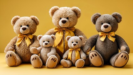Teddy bear family against bright yellow background