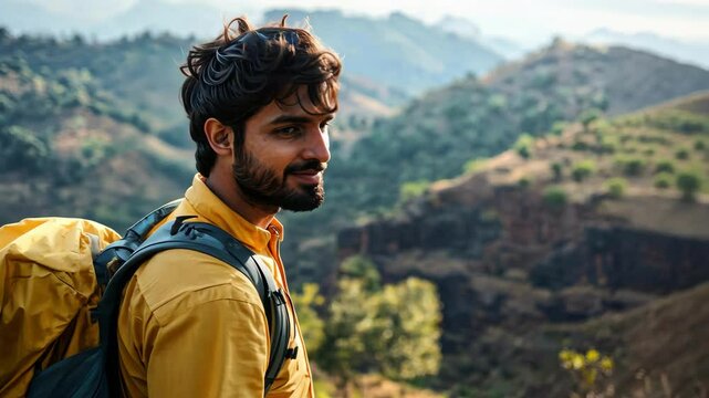 Young adult Indian man backpacker enjoying the mountain view during sunny weather, travel exploration