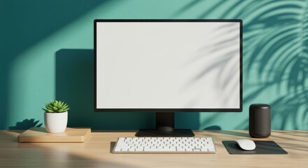 Fototapeta premium Minimalist computer monitor mockup on wooden desk, blank screen desktop display in home office, modern workspace with palm leaf shadows