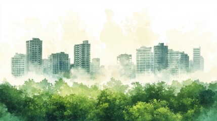 Serene Cityscape Watercolor Painting Green Trees and Foggy City Buildings