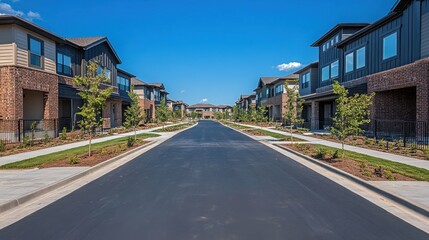 Freshly constructed townhomes with uniform architecture, brick walls, and new paved driveways under blue skies