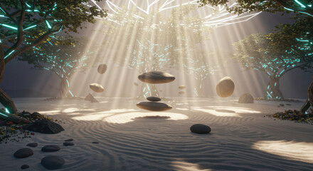 Ethereal zen garden with floating stones and luminous trees, bathed in sunlight