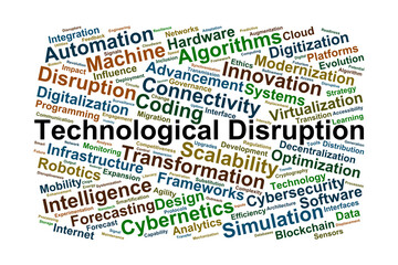 Technological Disruption Word Cloud. Key Terms on Innovation Automation and Future Trends