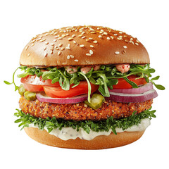 A delicious looking burger with fresh ingredients on transparent background