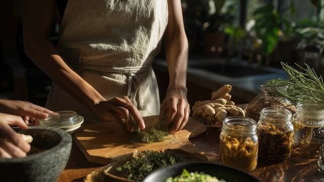 Skilled chef meticulously preparing dried herbs on wooden cutting board, bathed in warm sunlight, surrounded by infused oils and fresh ginger in cozy kitchen setting