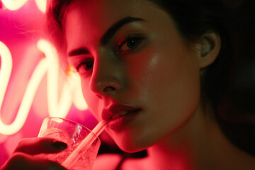 Generative AI image of person relaxing in water under neon lights during night pool party vacation with friends chilling and enjoying summer vibes