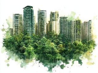 Serene Cityscape Watercolor Painting Lush Green Forest and Highrise Buildings