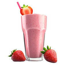 A glass of strawberry smoothie with fresh fruit near on transparent background