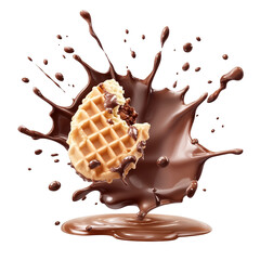A waffle with chocolate splash on a black background on transparent background