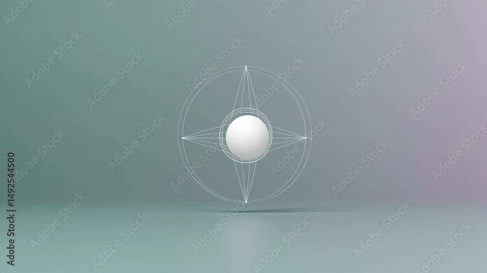 Poster minimalist composition featuring a white sphere suspended within an intricate wireframe structure, c