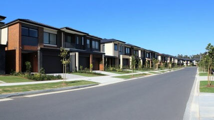 Naklejka premium Long view down a residential street with new townhouses facing the road, all with matching brickwork